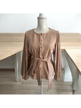 VICI Beige Button Down Faux Suede Belted Long Sleeve Top Sz Large